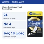 Always Σερβιέτες με Φτερά Νυκτός 24τμχ – με μια ματιά