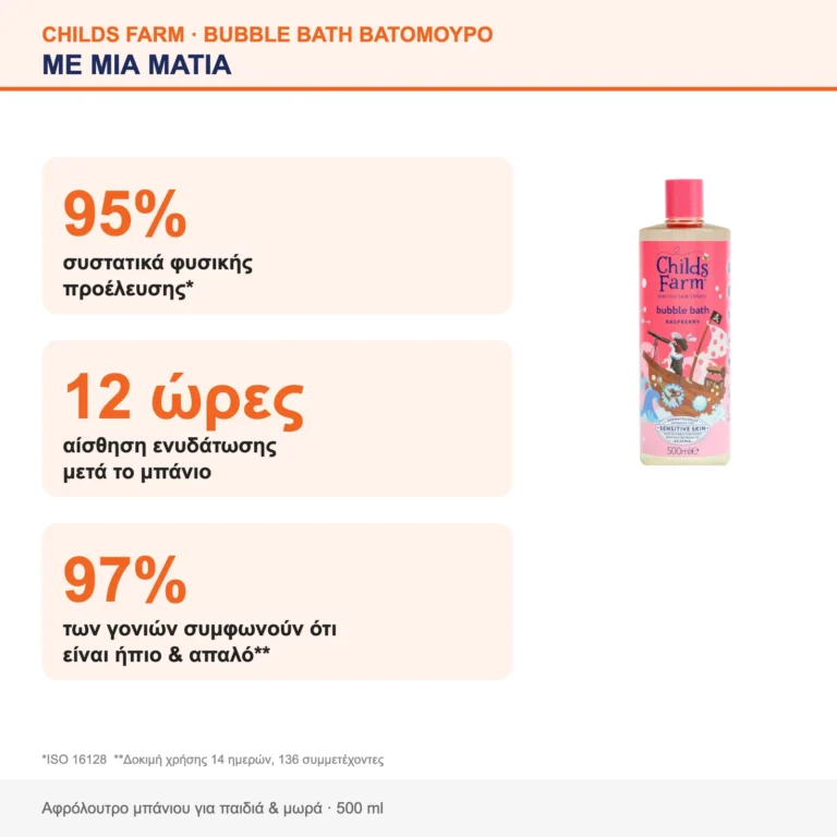 Childs Farm Bubble Bath Βατόμουρο – 95% φυσικής προέλευσης, 12 ώρες ενυδάτωση