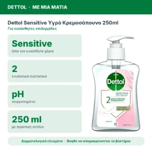 Dettol Sensitive Υγρό Κρεμοσάπουνο με Αντλία για Ευαίσθητες Επιδερμίδες 250ml – με μια ματιά