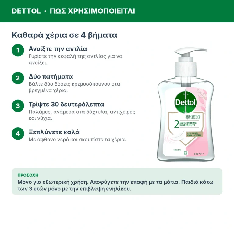 Dettol Sensitive Υγρό Κρεμοσάπουνο με Αντλία για Ευαίσθητες Επιδερμίδες 250ml – τρόπος χρήσης