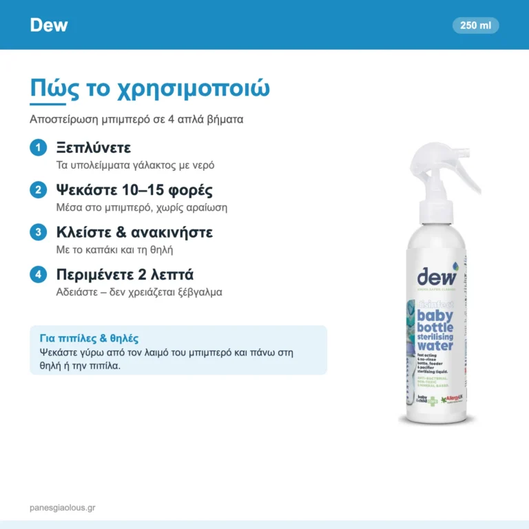 Dew Baby Bottle Sterilising Water Υγρό Αποστείρωσης για Μπιμπερό, Πιπίλες & Θήλαστρα 250ml – πώς χρησιμοποιείται