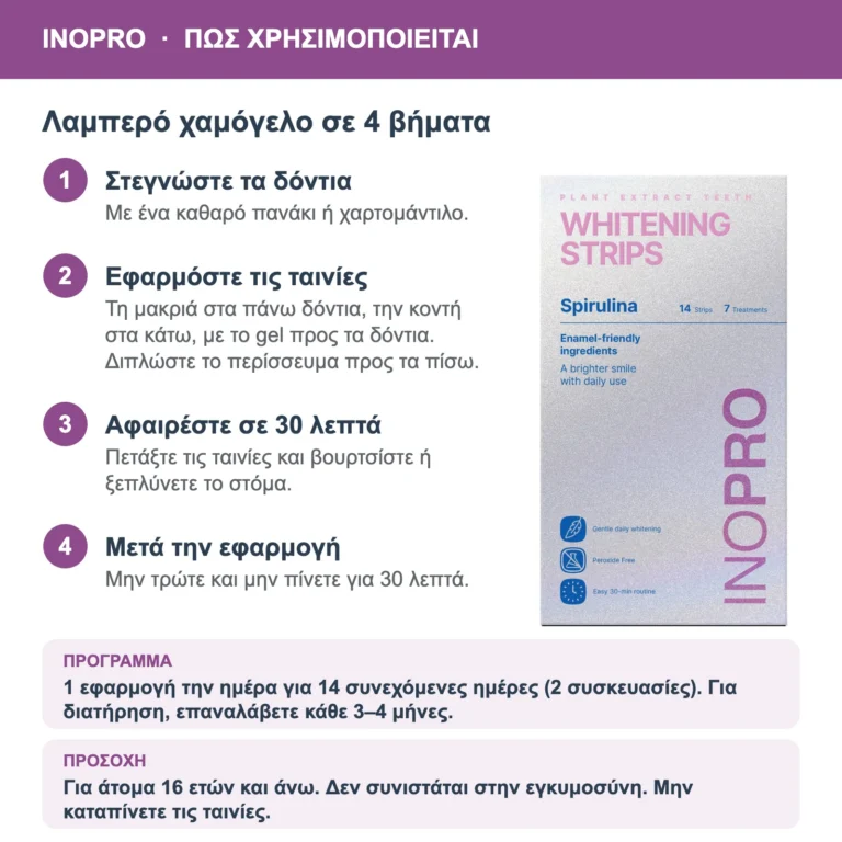 INOPRO Spirulina Ταινίες Λεύκανσης Δοντιών 14 τμχ – τρόπος χρήσης