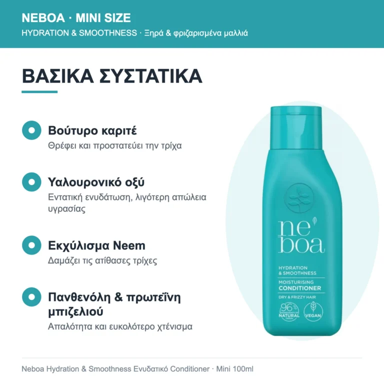 Neboa Mini Size Hydration & Smoothness Ενυδατικό Conditioner για Ξηρά & Φριζαρισμένα Μαλλιά 100ml – βασικά συστατικά