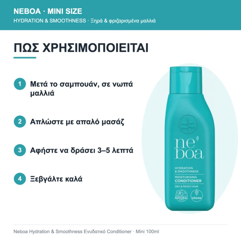 Neboa Mini Size Hydration & Smoothness Ενυδατικό Conditioner για Ξηρά & Φριζαρισμένα Μαλλιά 100ml – τρόπος χρήσης