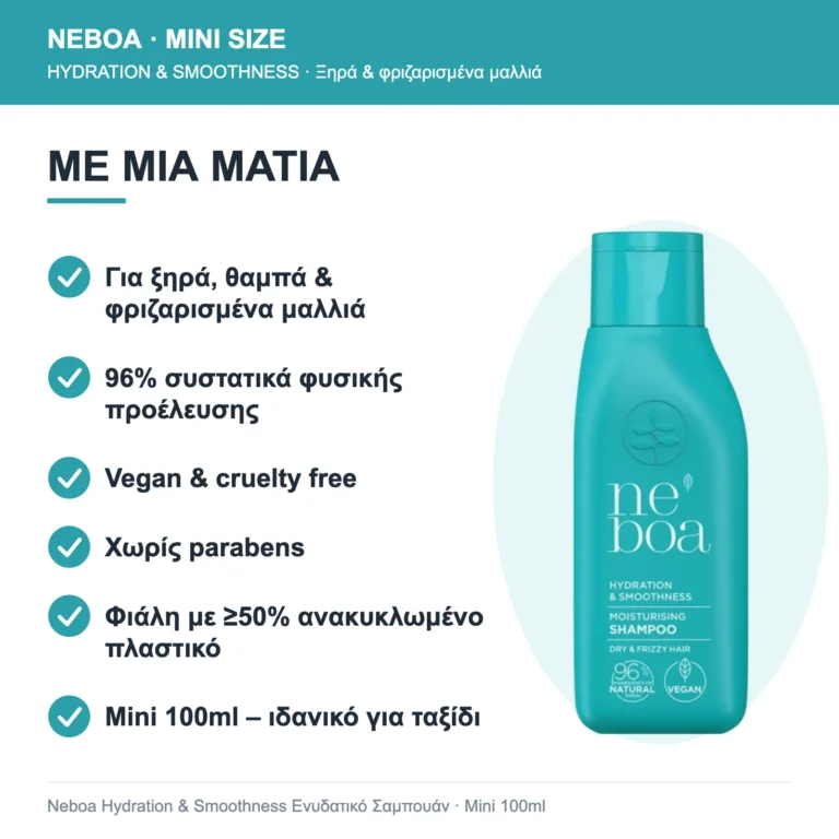 Neboa Mini Size Hydration & Smoothness Ενυδατικό Σαμπουάν για Ξηρά & Φριζαρισμένα Μαλλιά 100ml – με μια ματιά