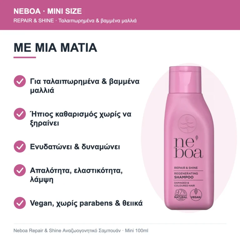 Neboa Mini Size Repair & Shine Αναζωογονητικό Σαμπουάν για Ταλαιπωρημένα & Βαμμένα Μαλλιά 100ml – με μια ματιά
