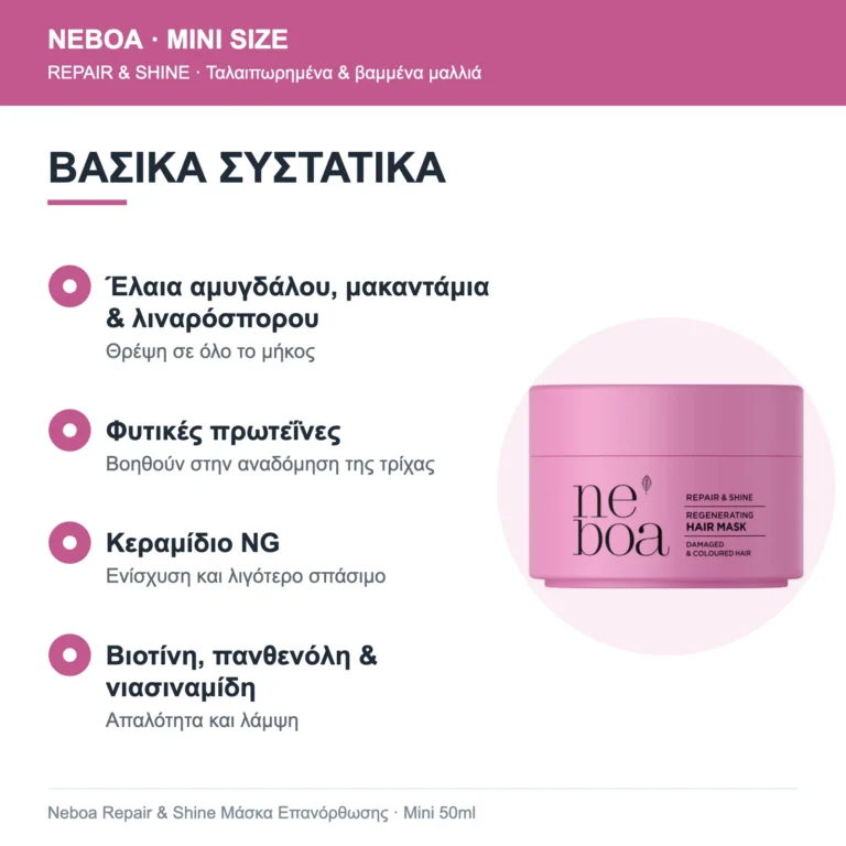 Neboa Mini Size Repair & Shine Μάσκα Επανόρθωσης για Ταλαιπωρημένα & Βαμμένα Μαλλιά 50ml – βασικά συστατικά