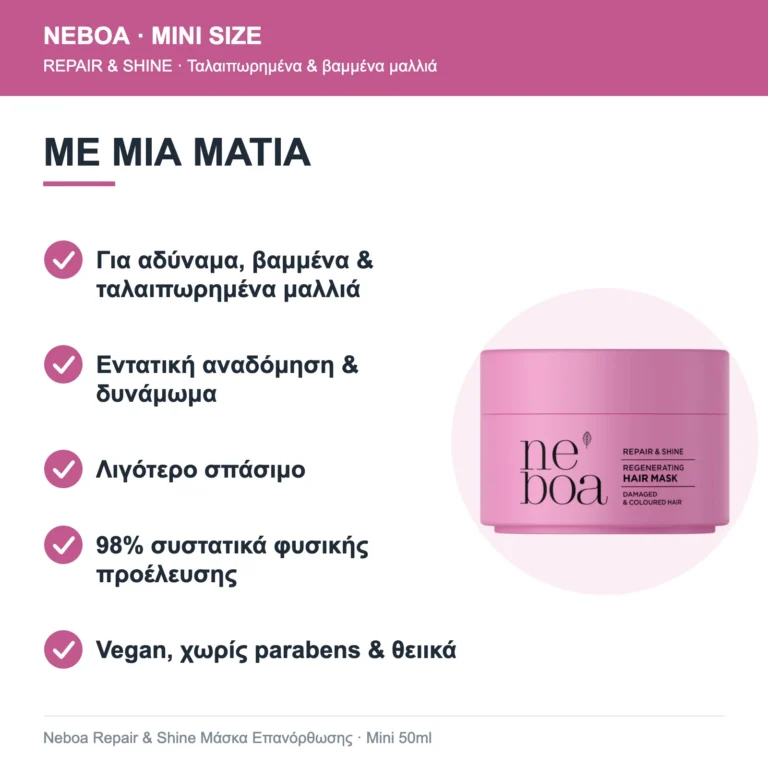 Neboa Mini Size Repair & Shine Μάσκα Επανόρθωσης για Ταλαιπωρημένα & Βαμμένα Μαλλιά 50ml – με μια ματιά