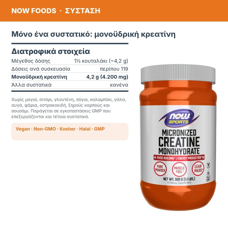 Now Foods Creatine Monohydrate Micronized Powder 500g – Μικρονιζέ Μονοϋδρική Κρεατίνη σε Σκόνη – διατροφικά στοιχεία