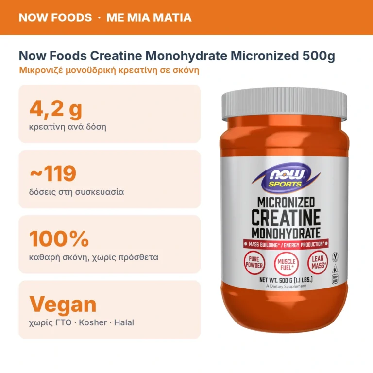 Now Foods Creatine Monohydrate Micronized Powder 500g – Μικρονιζέ Μονοϋδρική Κρεατίνη σε Σκόνη – με μια ματιά
