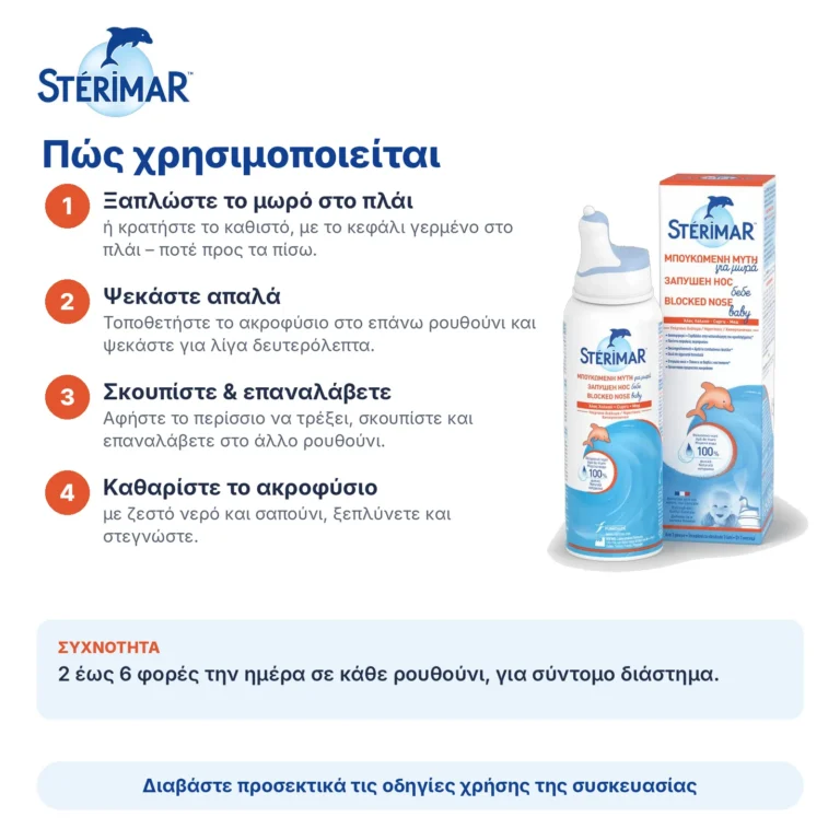 Sterimar Blocked Nose Baby Hypertonic Υπέρτονο Διάλυμα Θαλασσινού Νερού με Άλας Χαλκού για Μωρά & Βρέφη 3m+, 100ml – πώς χρησιμοποιείται