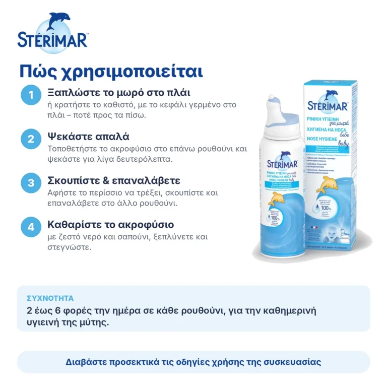 Sterimar Baby Nasal Hygiene Ισότονο Σπρέι Θαλασσινού Νερού για Μωρά & Βρέφη, 100ml – πώς χρησιμοποιείται